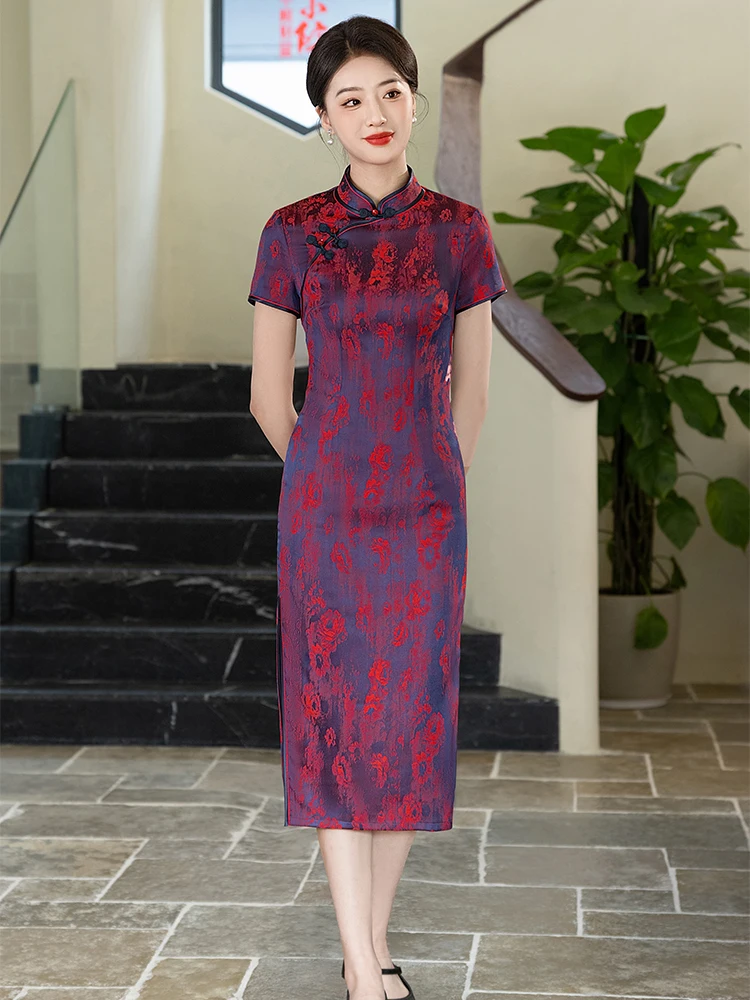 

Ретро-миди-ципао в китайском стиле, модное летнее новое улучшенное высококачественное ципао для женщин среднего возраста