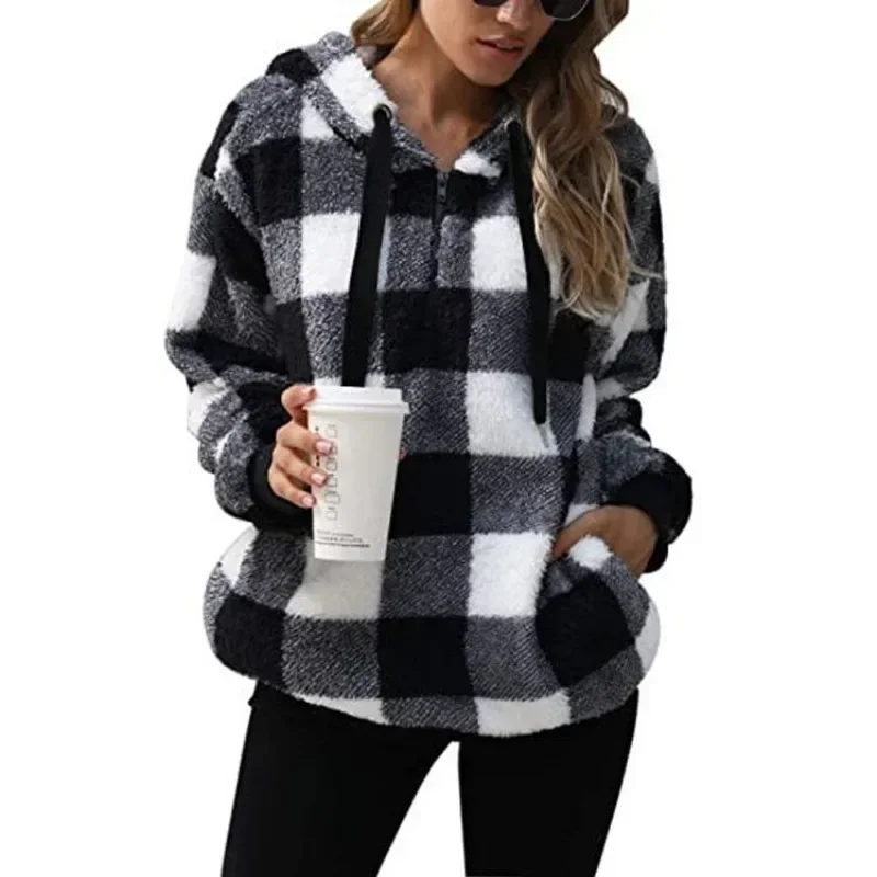Vintage Plaid Women Velvet Fleece Hoodie Warm Plush Hooded Sweatshirts Loose Zip Up Harajuku Hoodie Women's Baggy Sudaderas Y2k
