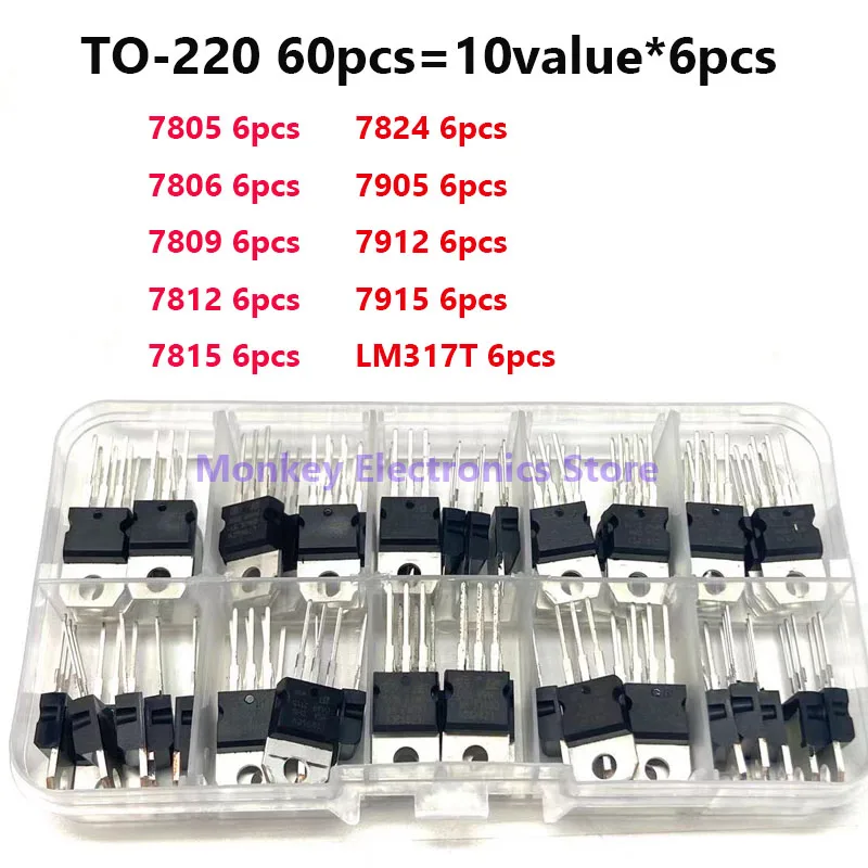 Caixa de amostra do regulador de tensão do Triode, TO-220, 10 tipos, 317, 7805, 7905, 7812, 7912, 7815, 7915, 10value x 6pcs