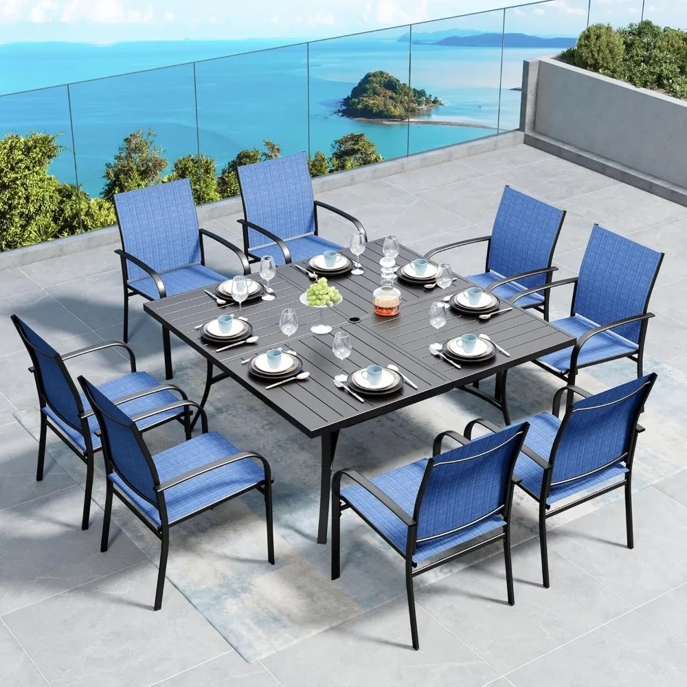 

Patio Dining Set for 8, 60 x 60 Square Metal Table with Umbrella Hole, 8 x Stable Dining Chairs, Outdoor Table and Chairs Set fo