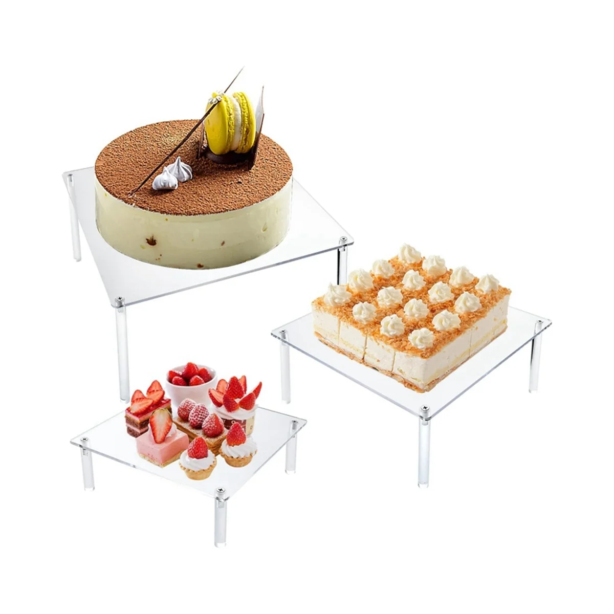 Acrílico Cupcake Stand, Limpar Sobremesa Tabela Display Set para Bolo De Comida, Pizza Sobremesa, 3 pcs