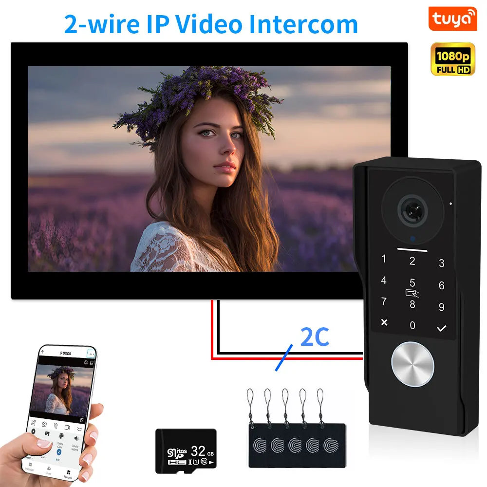 Campainha de vídeo de metal de 2 fios com pino de cartão TUYA IC desbloquear 24 câmera IP suporte sistema de intercomunicação de vídeo inteligente para casa 1080P