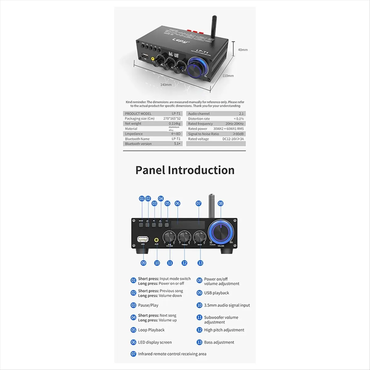 

LP-T1 цифровой Hi-Fi Bluetooth усилитель коаксиальный USB-диск воспроизведение без потерь мини цифровой усилитель 30 Втx2 + 60 Вт EU-PLUG