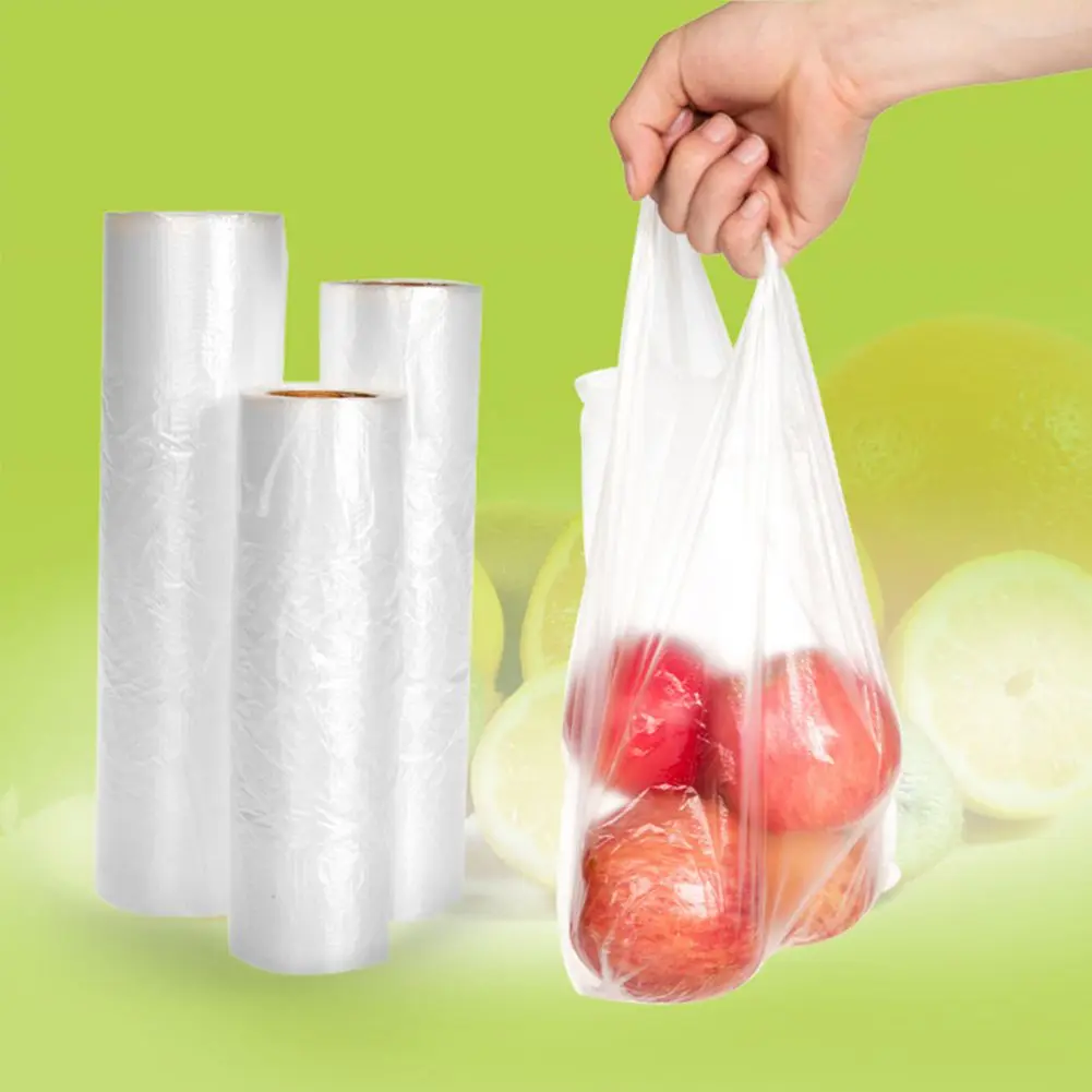 100Bags/Roll Plastic Food Storage Bags with Portable Handle for Vegetable Fruits Bread Kitchen Organizer Three Sizes Optional