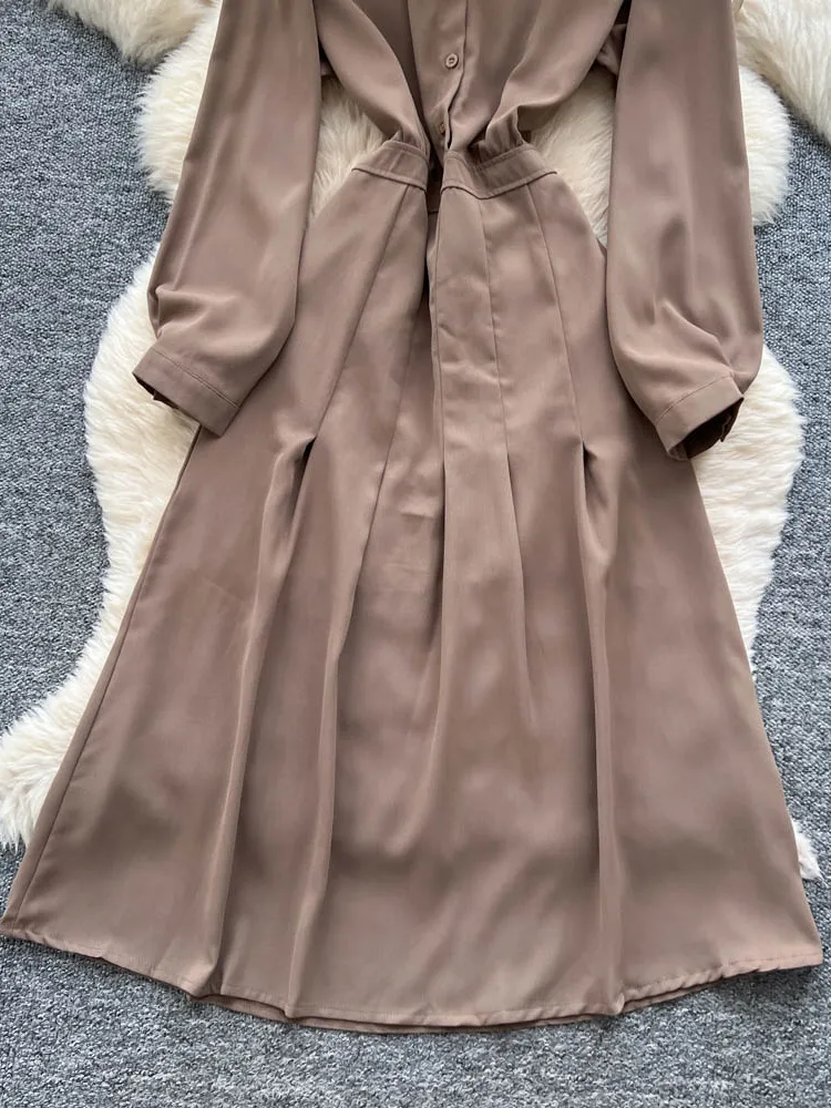 Casual Long Sve Women's Dr Tie Waist Gored Skirt Design Autumn New Sle Light Maturi Faion Single Piece Ci Commute