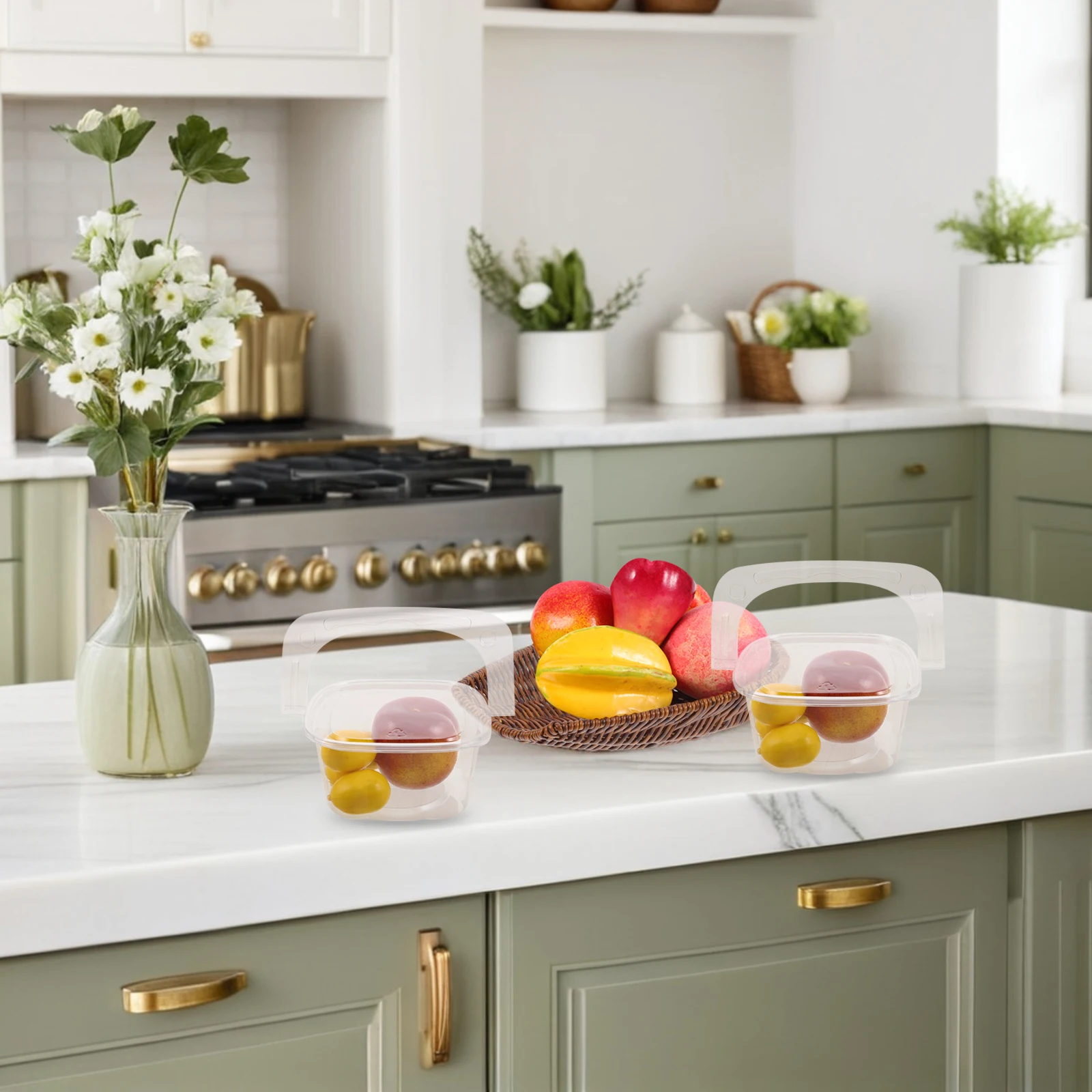 

50pcs Fruit Packaging Box Transparent Food Container Carrying Handle Picnic Dessert Snack Storage Leakproof Portable Takeout