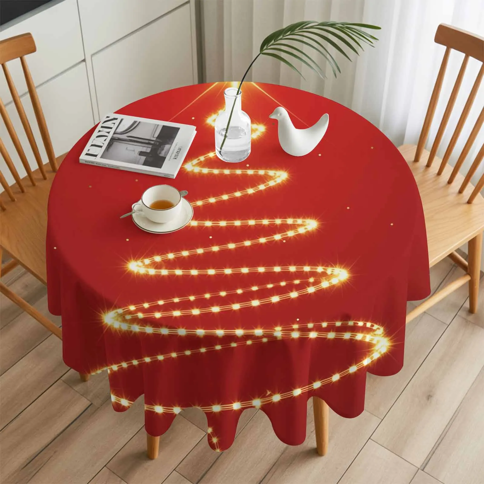 

Retro Christmas Tree Lights Round Table Cloth Festival Dining Tablecloth Waterproof Table Cover for Wedding Party Decor