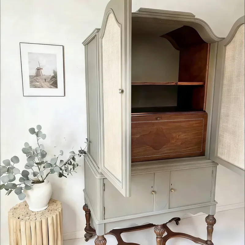 Retro Rattan Dining Side Cabinet Solid Wood Double Door Locker Living Room Wine Cabinet Furniture Multifunctional Storage