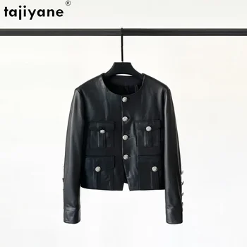 Tajiyane-女性用本革ジャケット,ショート,ラウンドネック,牛革,シングルブレスト服