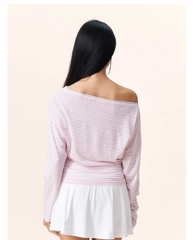 YESCCI Print Long Sleeve T Shirts Woman 2026 Autumn New Off Shoulder Lace Trim Women Top Loose Fit Casual Striped Tee S563210 87 S05ed0da06e3f4f21b8f784e49ffd50e63