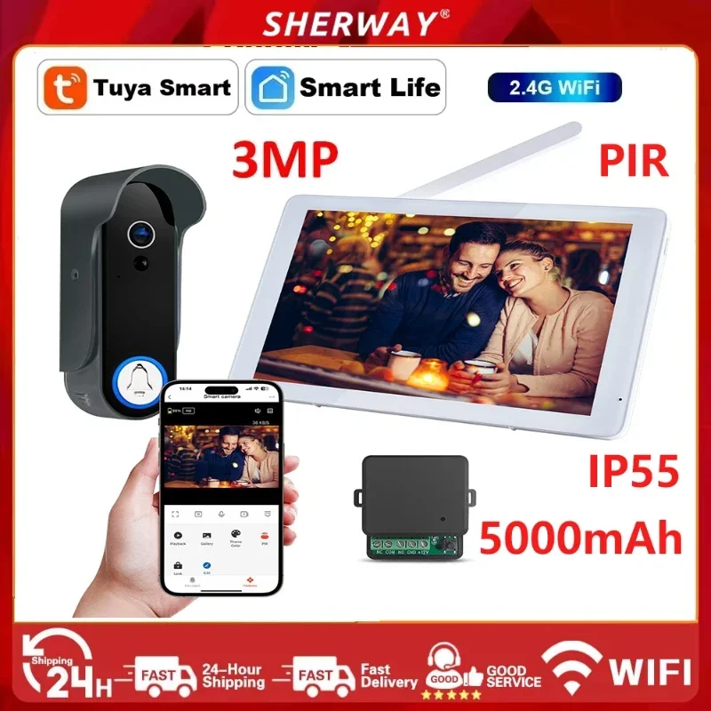 2.4G WiFi Tuya Smart Video Doorbell 8-inch Screen Monitor Video Doorbell Camera 3MP HD 1080p 10 languages Infrared night vision