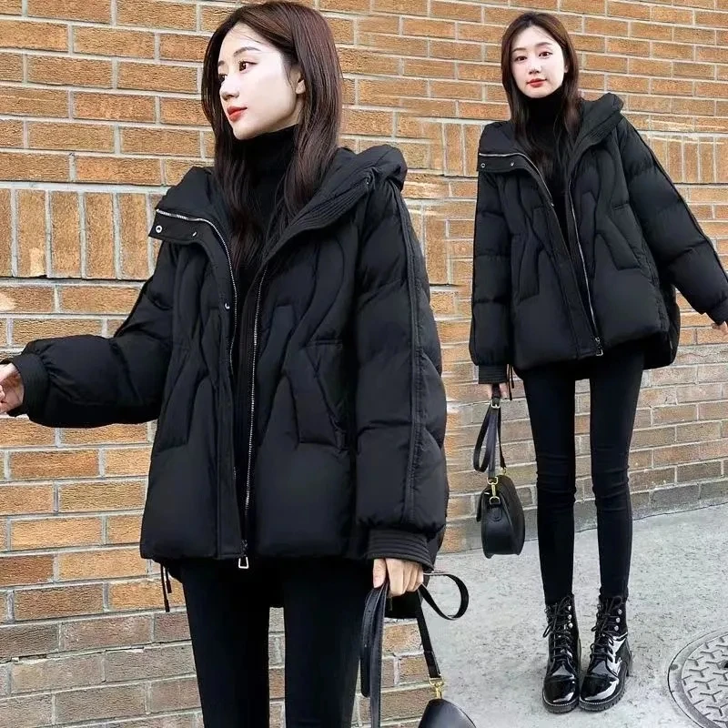 

Black Winter Coat 2025 New Down cotton Fashion Slimming Hooded Jacket Women's Korean version Loose thick Warm Cotton Jackets