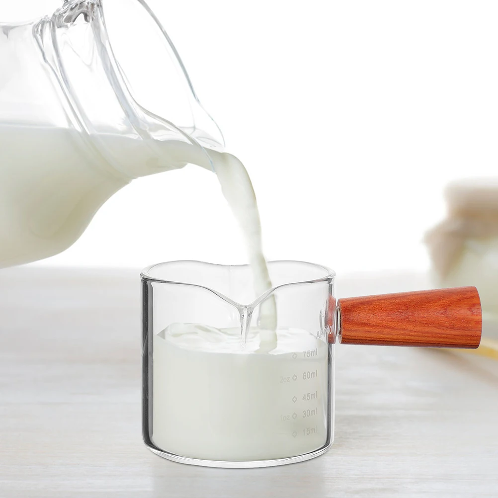 2 قطعة مقبض الخشب جرة الحليب الزجاجية 75 مللي صنبور مزدوج قياس كوب لصنع قهوة اسبريسو صب أكواب المطبخ بار أداة #6