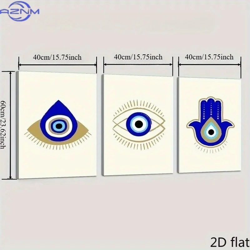 3pcs of 2D Flat Evil Eye Canvas Art Prints, Tear Drop and Hand-shaped Greek Eye, Art Deco Classic Modern Style, Indoor/ outdoor