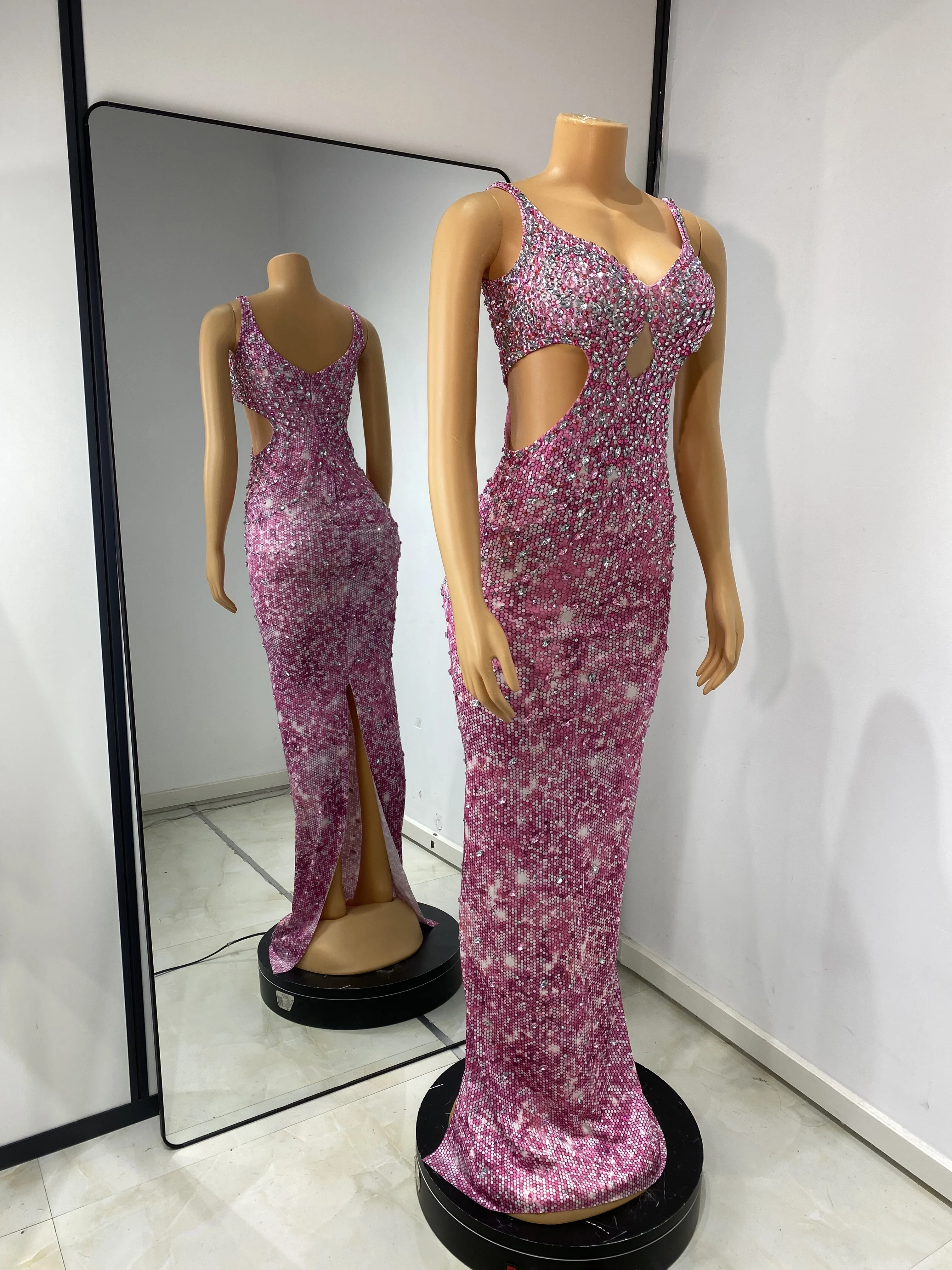 Frauen Luxus Rosa Sparkly Strass Gedruckt Cut Out V-ausschnitt Bodycon Langes Kleid Ein Stück Promi Abend Party Gala Kleider