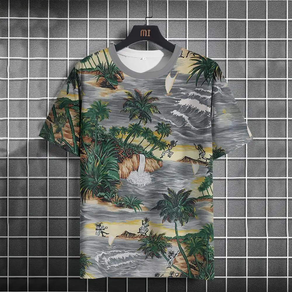 Hawaiian Beach T shirts For Men 3D Coconut Tree Print O-Neck Short Sleeve T-shirt Summer Oversized Pullover Men Y2k Top Clothing