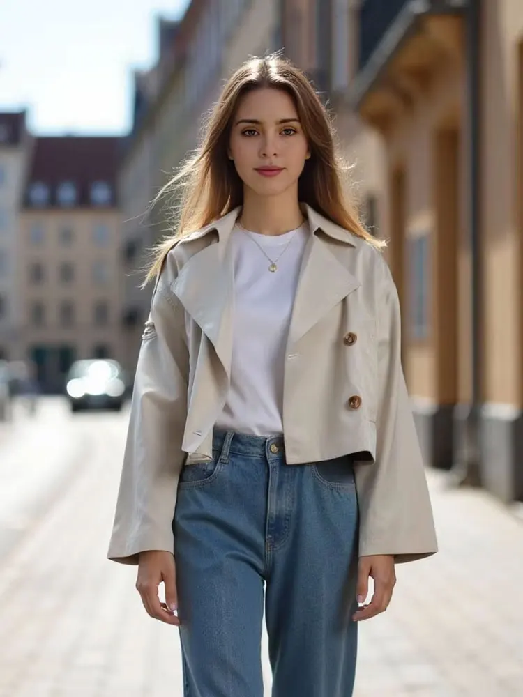 

HH женская осенняя модная укороченная ветровка, однотонные длинные рукава с карманами, элегантные двубортные повседневные пальто с лацканами