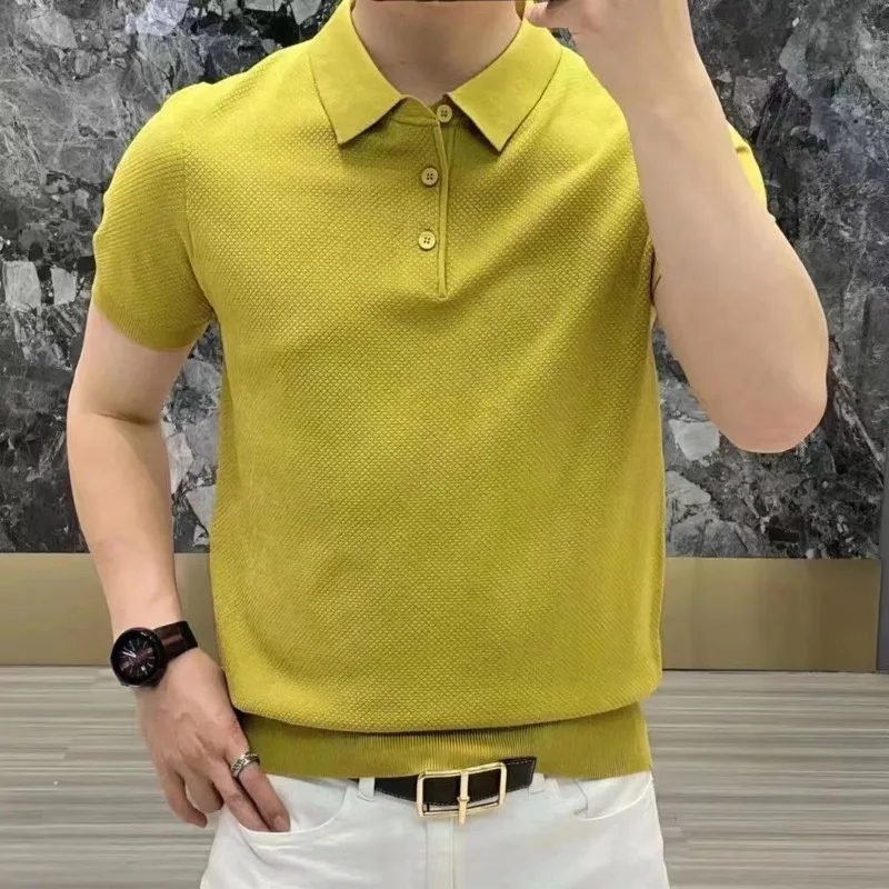 Spring Summer Fashion Elegant Flip Neck Tees Knitted Casual Versatile Western Commuter Clothing Loose Solid Men's Polo Shirts