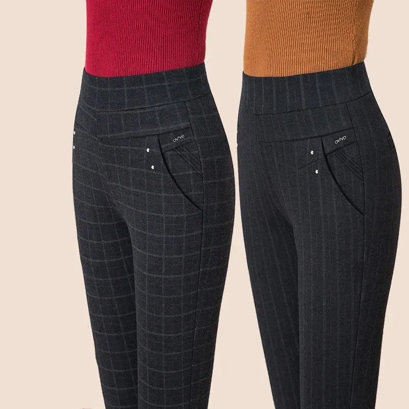 Add Velet/No Velvet Mom Pants 2022 High Waist Casual Women Trousers Elastic Straight Atumn Winter Pants Plaid Black Stripes Pant