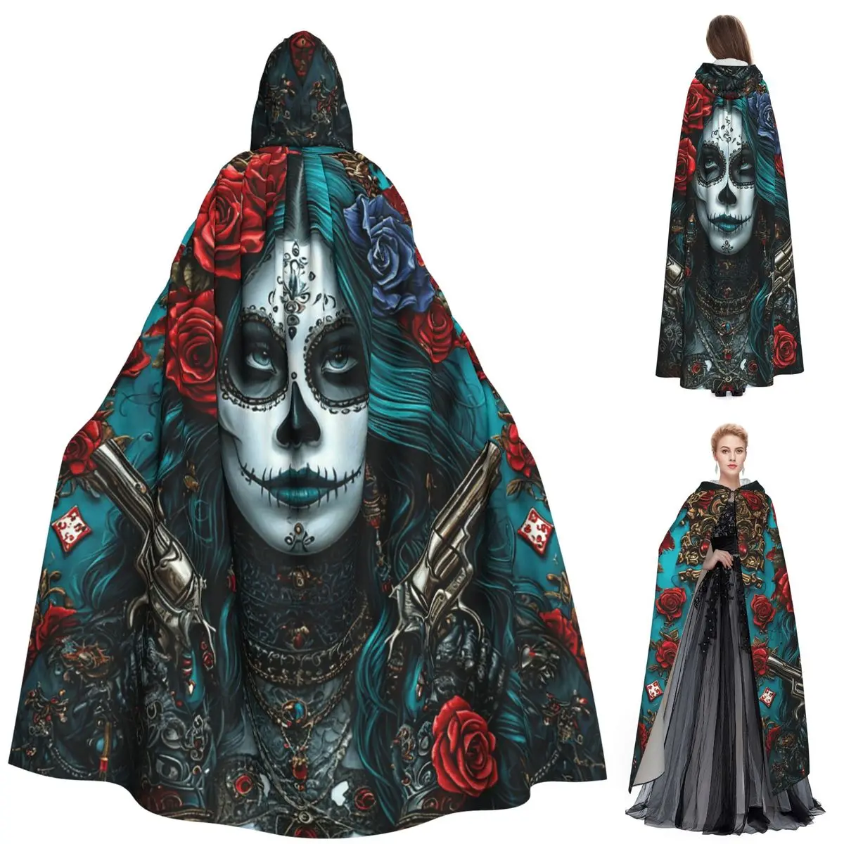 Мексиканский череп, женский винтажный стиль, длинный плащ с капюшоном, ведьма, средневековый костюм, накидка для косплея, Хэллоуин, вечеринка для взрослых, унисекс