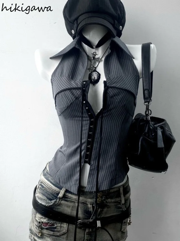 

Harajuku Blouses Women's Clothes Sleeveless V-neck Slim Waist Shirts 2025 Blusas Mujer De Moda Casual Chic Striped Summer Blouse
