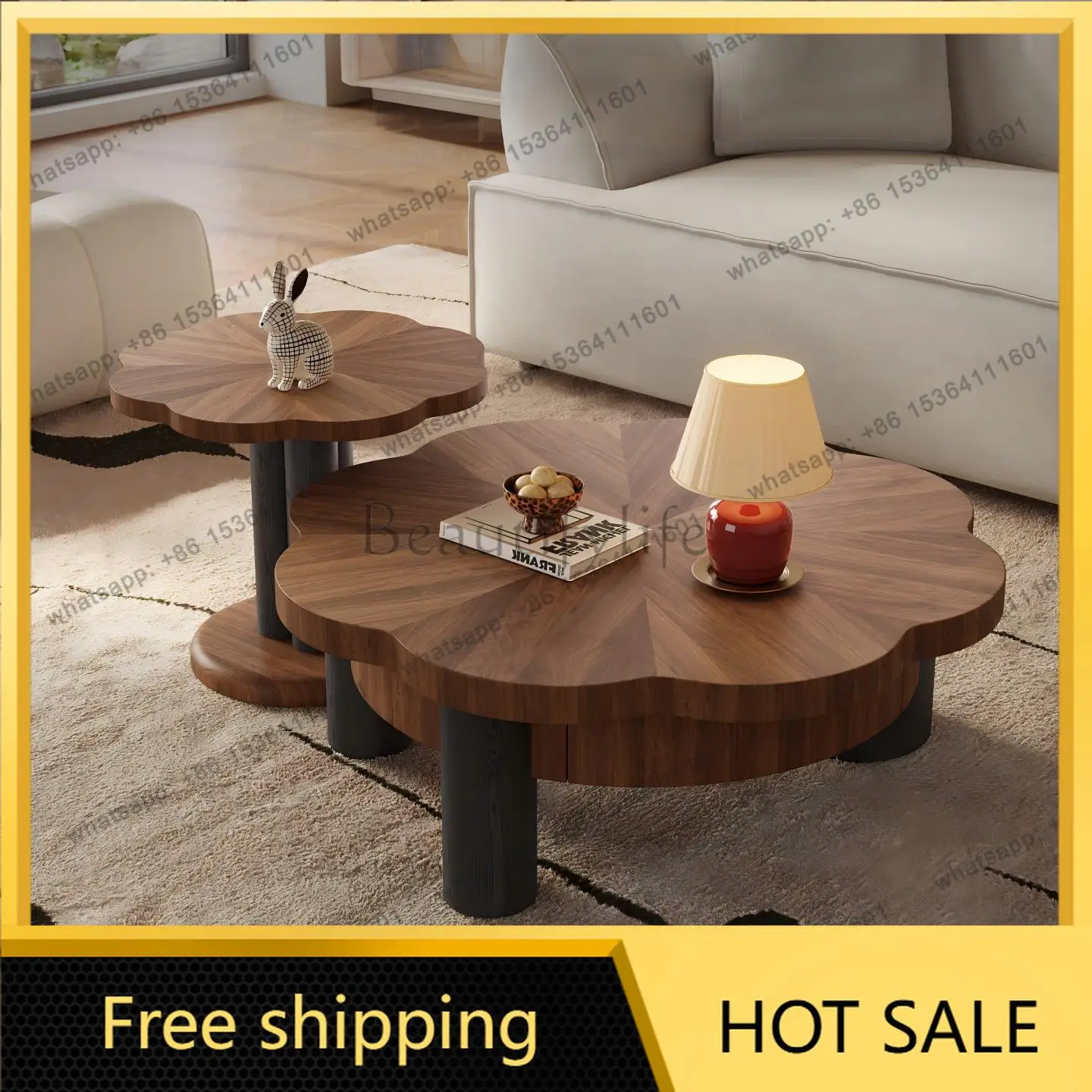 LS antique flower coffee table living room wabi sandy wind retro advanced sense elliptical parquet edge combination