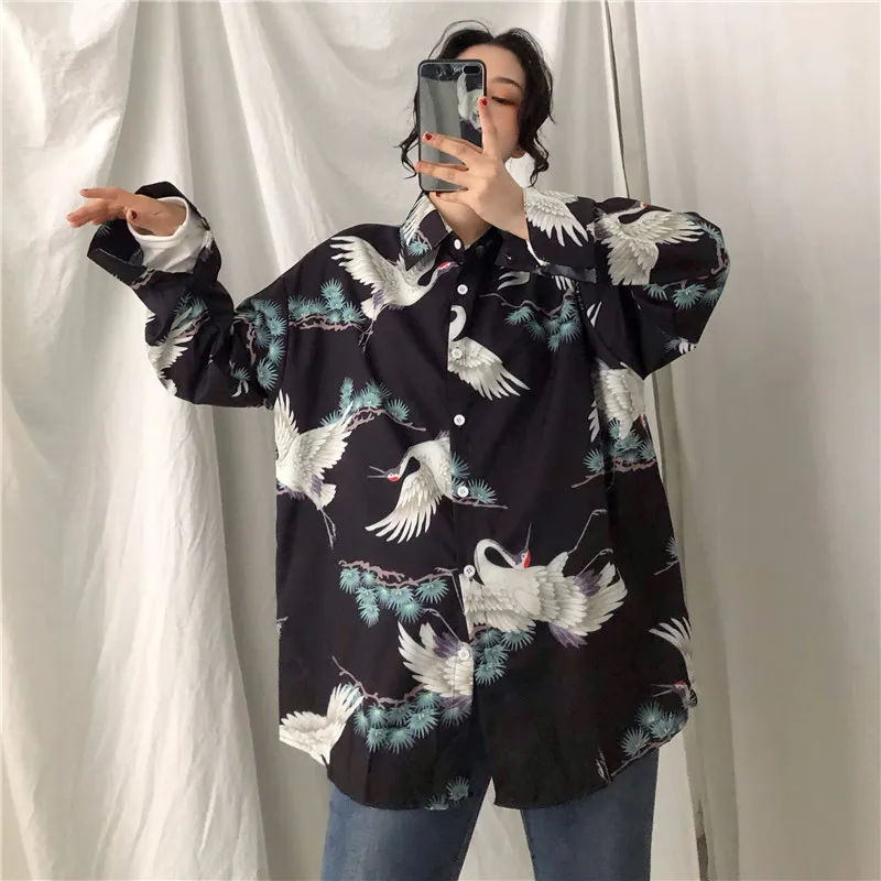 Chinese Style Women Blouses 2024 Spring Summer Shirts Long Sleeve Harajuku Vintage Chic Crane Printed Blusas Daily Streetwear