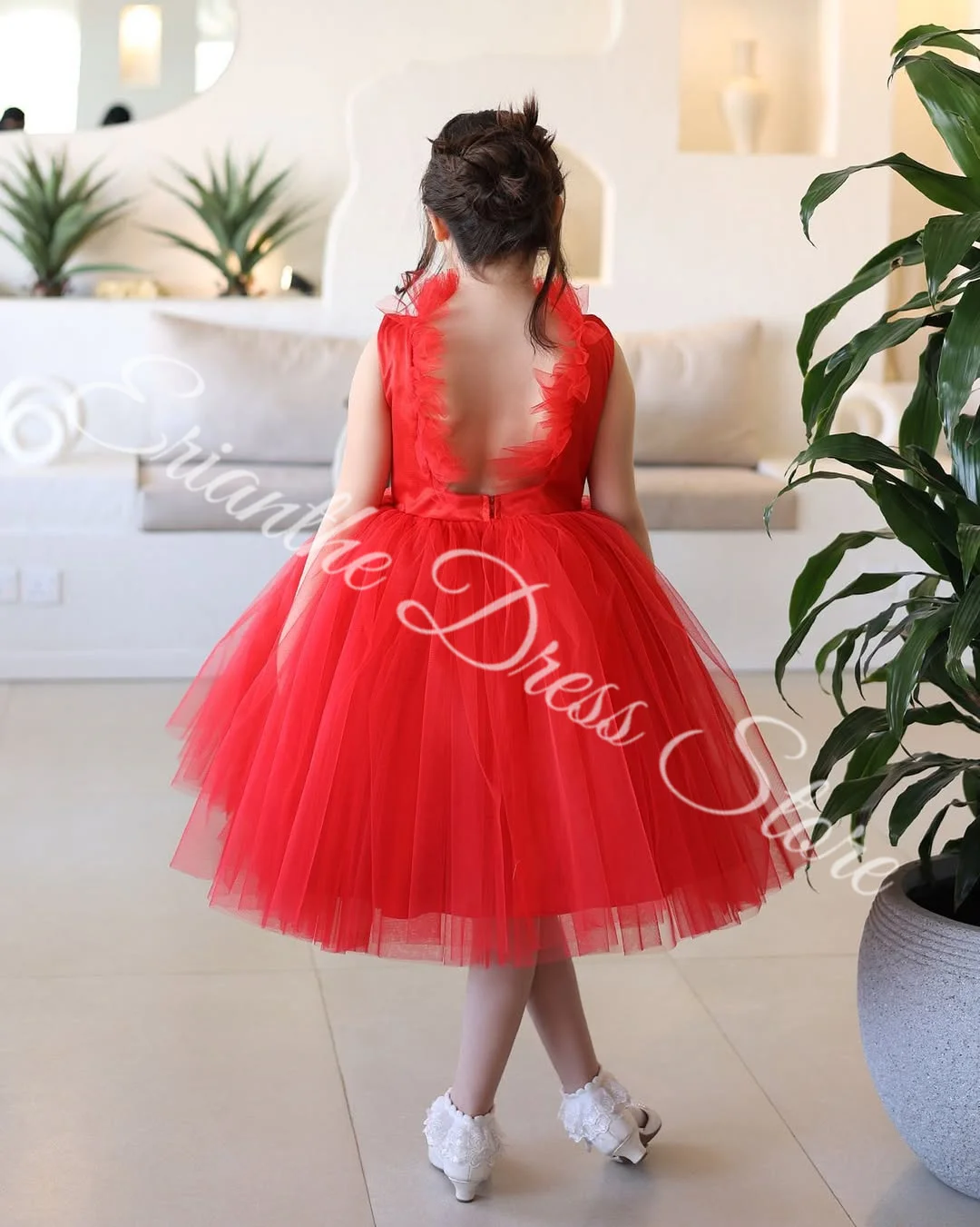 

Платье с цветочным узором для девочек на свадьбу, красное тюлевое пышное платье без рукавов с открытой спиной, элегантное детское платье для дня рождения, первого причастия