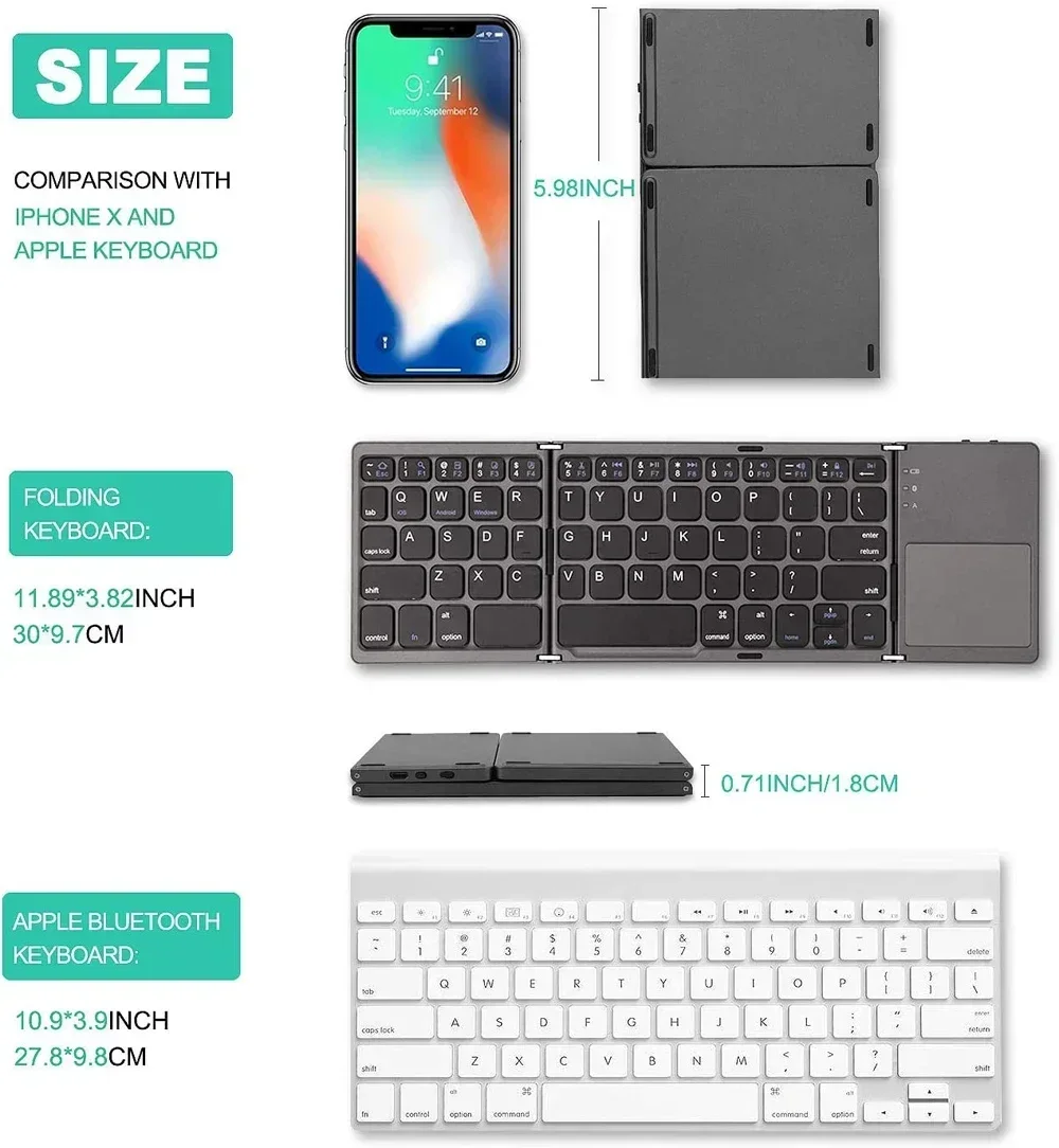 Mini clavier Bluetooth sans fil pliable, clavier TouchSub, Android, Windows, tablette, ordinateur portable, portable, 3