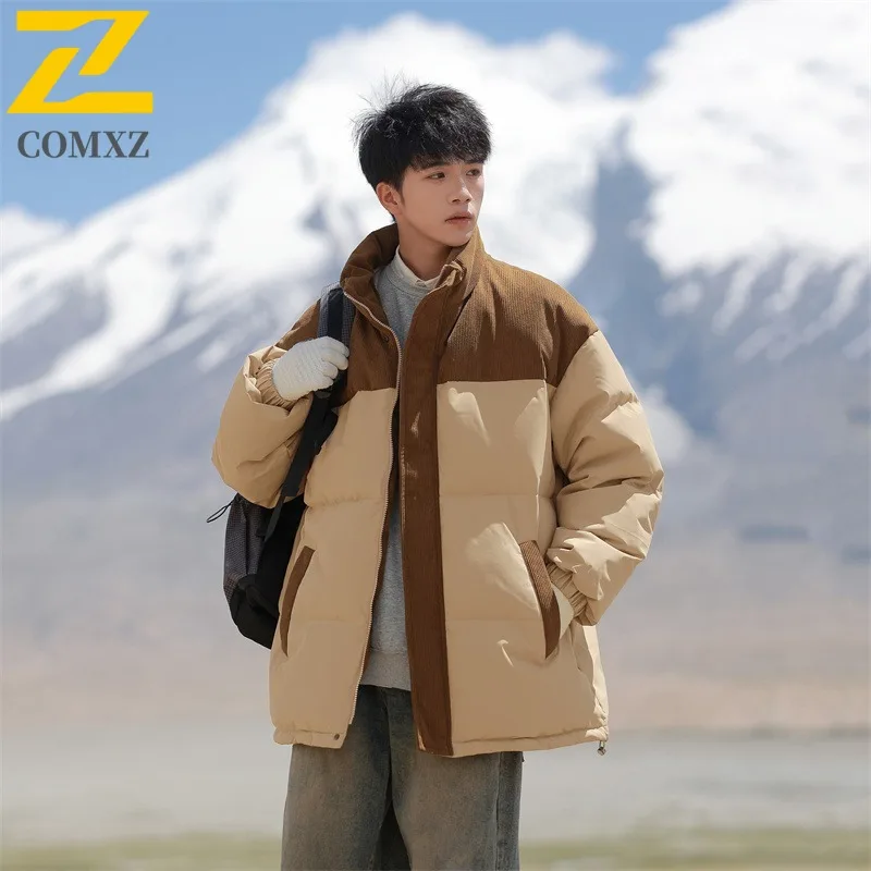 COMXZ Men 50% Gray Duck Down Autumn Winter Down Jacket Stand Collar Corduroy Patchwork Fashion Trend waterproof Down Coat 2025