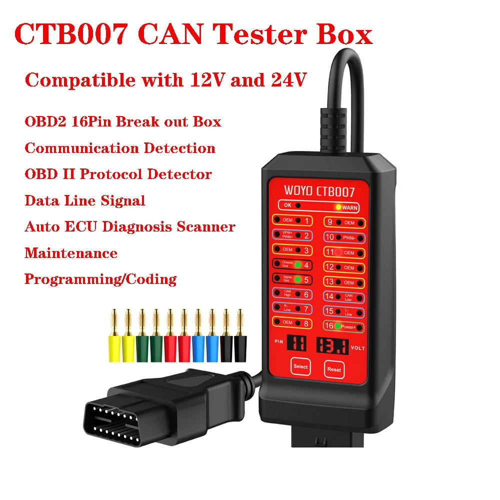 WOYO CTB007 CAN Tester Vehicle Diagnosis On-Board Diagnostics OBD2 16Pin Break Out Box Detection CAN Bus Circuit Tester 12V 24V