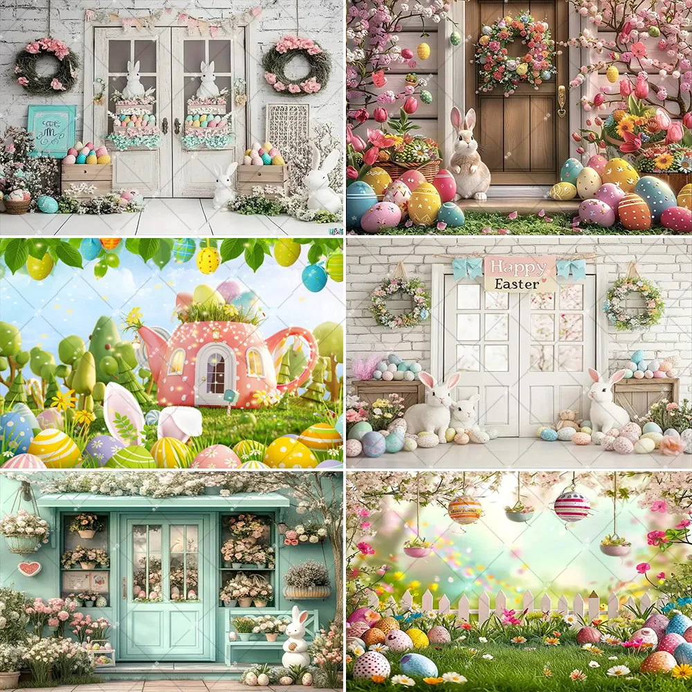 

Spring Easter Photography Backdrop Rabbits Eggs Flower Green Grass Wood Board Rabbit Easter Kids Baby Portrait Photo Studio