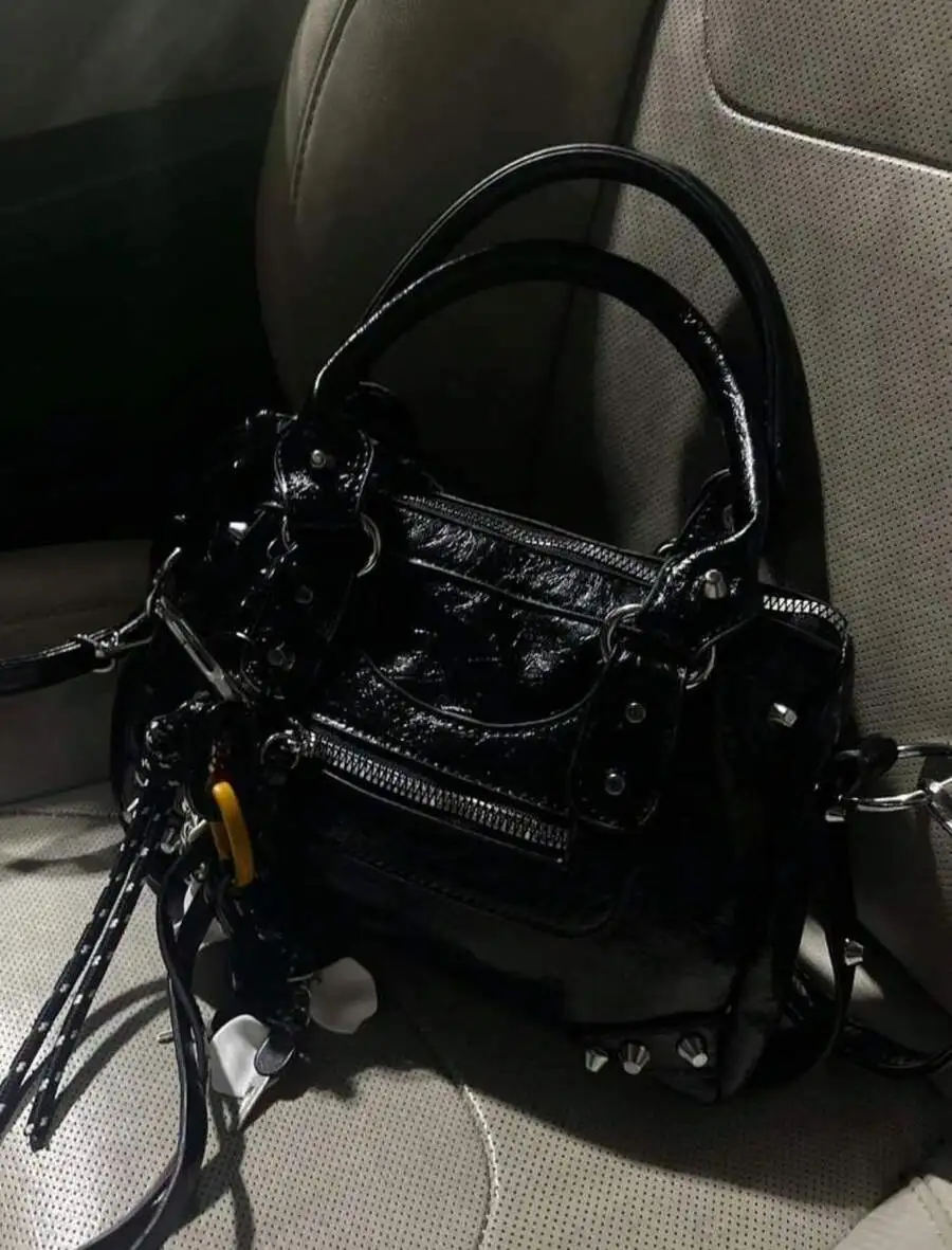

Black PU Rivet Tassel Zipper Biker Bag Double Handle Adjustable Shoulder Strap Square Handbag For Women