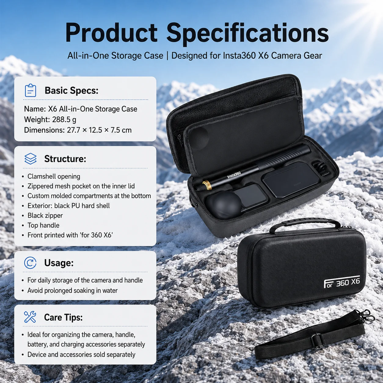Hard Shell Carrying Case for Insta360 X6 PU Storage Bag Travel Shoulder Strap Portable for Insta360 X6 Camera Accessories