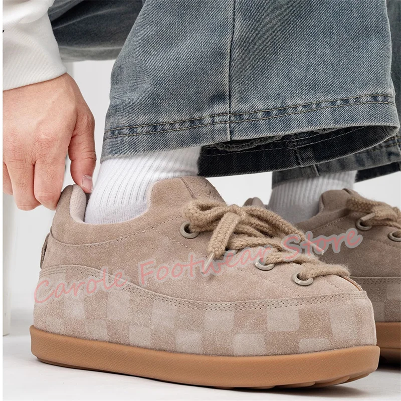 Fashion Mixed Color Checkered Lace-Up Sneakers for Men Chunky Bottom Height Increasing Bread Big Head Male Sport Shoes