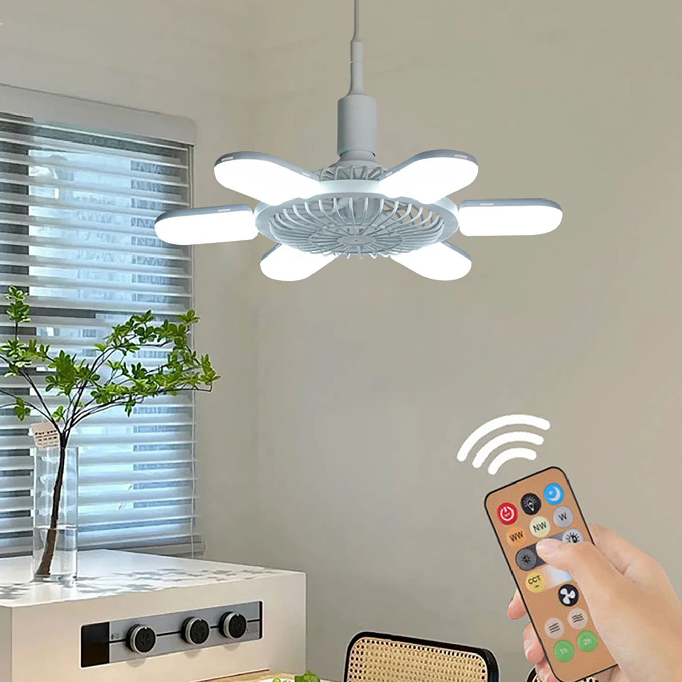 Fan light E27 screw mouth fan pendant integrated light remote control energy-saving room LED household bedroom ceiling light