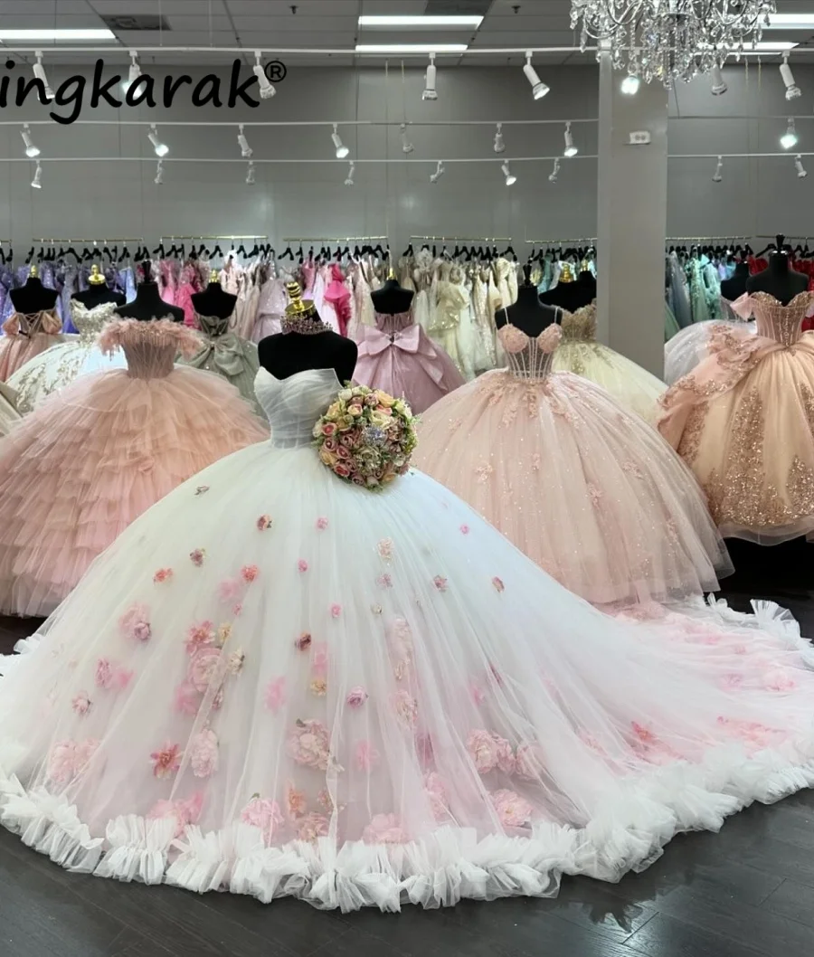 

Белое Бальное платье принцессы, платье для Quinceanera, милое платье с бусинами и цветочной аппликацией и оборками 16, платье для 15 лет