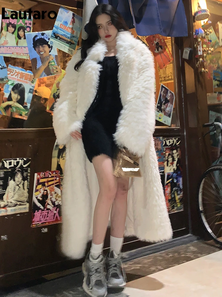 Lautaro Winter Long White Oversized Thick Warm Shaggy Hairy Fluffy Soft Faux Fur Coat Women Double Breasted Luxury Fashion 2023