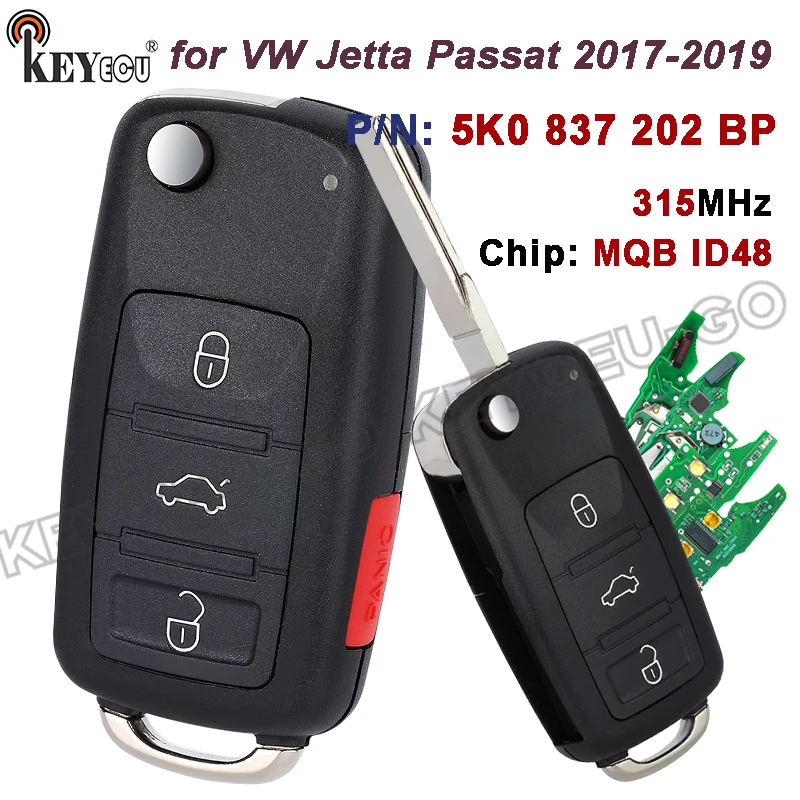 

KEYECU 315 МГц MQB ID48 чип FCC ID: NBGFS93N, 5K0837202BP флип для Volkswagen Jetta Passat 2017-2019 удаленный брелок без ключа