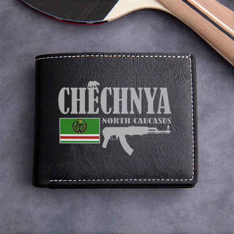 CHECHNYA NORTH CAUCASUS PU LEATHER WALLET MEN'S COMPACT DURABLE LIGHTWEIGHT BUSINESS STYLE WITH FLAG AND RIFLE DESIGN