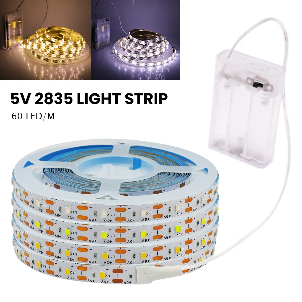 

3AA Battery 5V LED Strip Light 2835 60Leds/m Flexible Ribbon Tape Cabinet Light White/Warm/Blue TV Backlight Lighting Home Decor