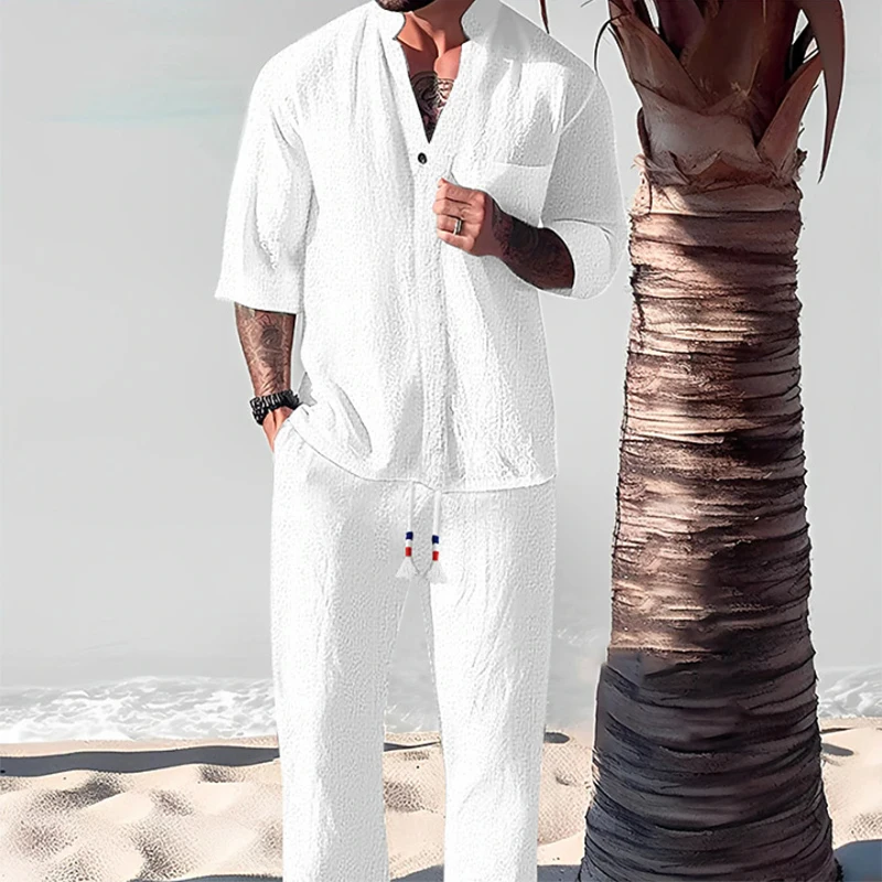 2024 Summer Daily Leisure Breathable Outfits Mens Fashion Half Sleeve Stand Collar Shirt And Pants Two Piece Sets For Men Suits