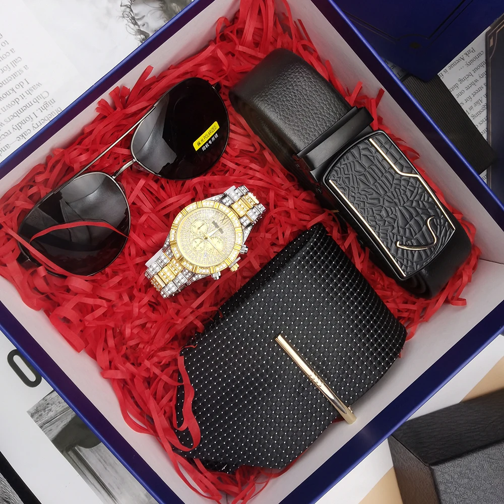 Mens Watches Set Luxury Hiphop full Iced Out Watch Gold Diamond Rhinestone Watch With Belt Wallet Tie Sunglass Gift Box For Male