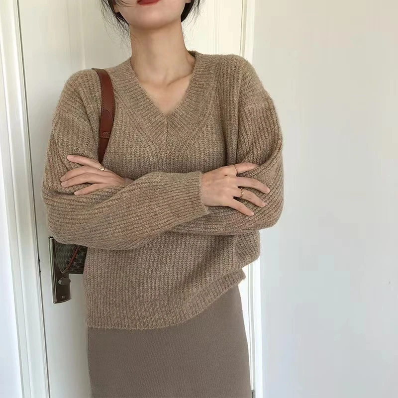 

Pullover Women's Sweater Loose V-neck Long Sleeve Sweater Vintage Female Mohair Sweater