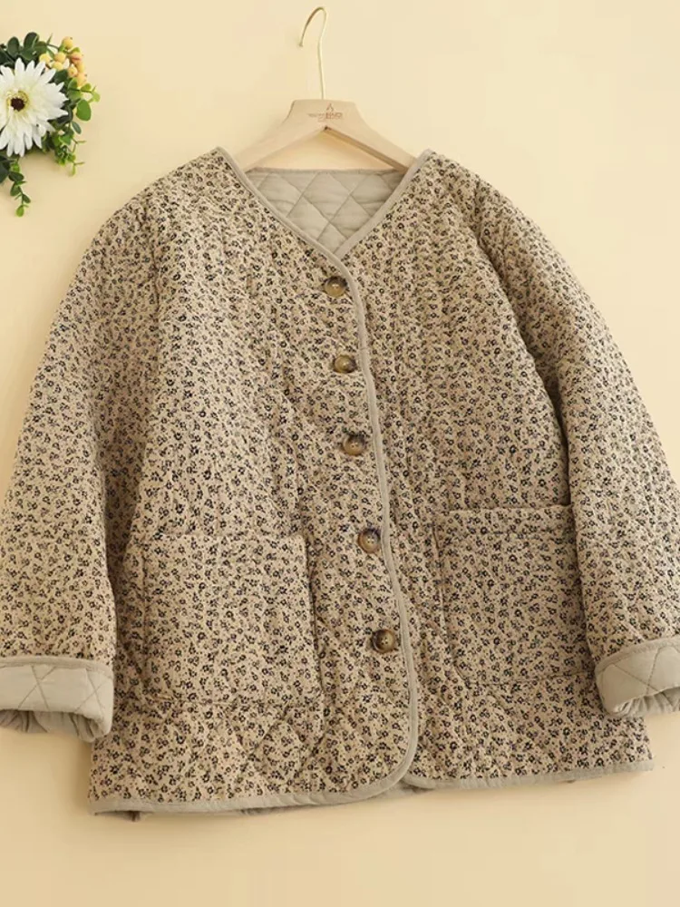 

Retro Floral Home Cotton Jaet Women's Winter New Small Size Cotton Filled V-ne Warm Slimming Mom Coat Long Sve Button
