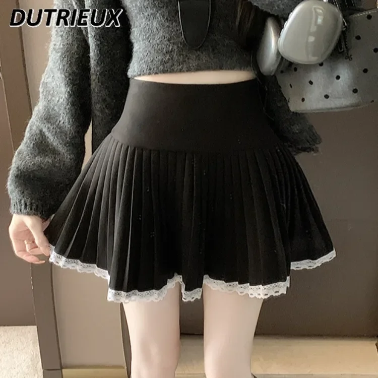 College Style Sweet Cute Girl Lace Edge Casual Pleated Skirt for Lady Wool Contrast Color Women's Short Skirta Autumn Winter