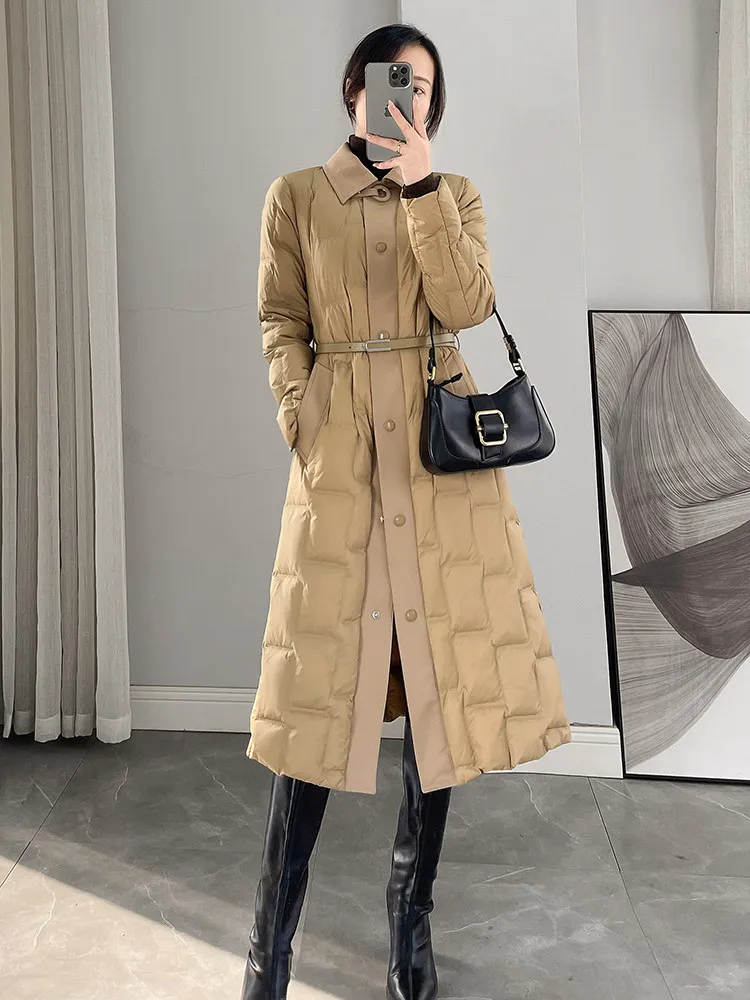 Korean version winter new lapel collar over knee 90 white duck down jacket women waist cinched single breasted temperament coat