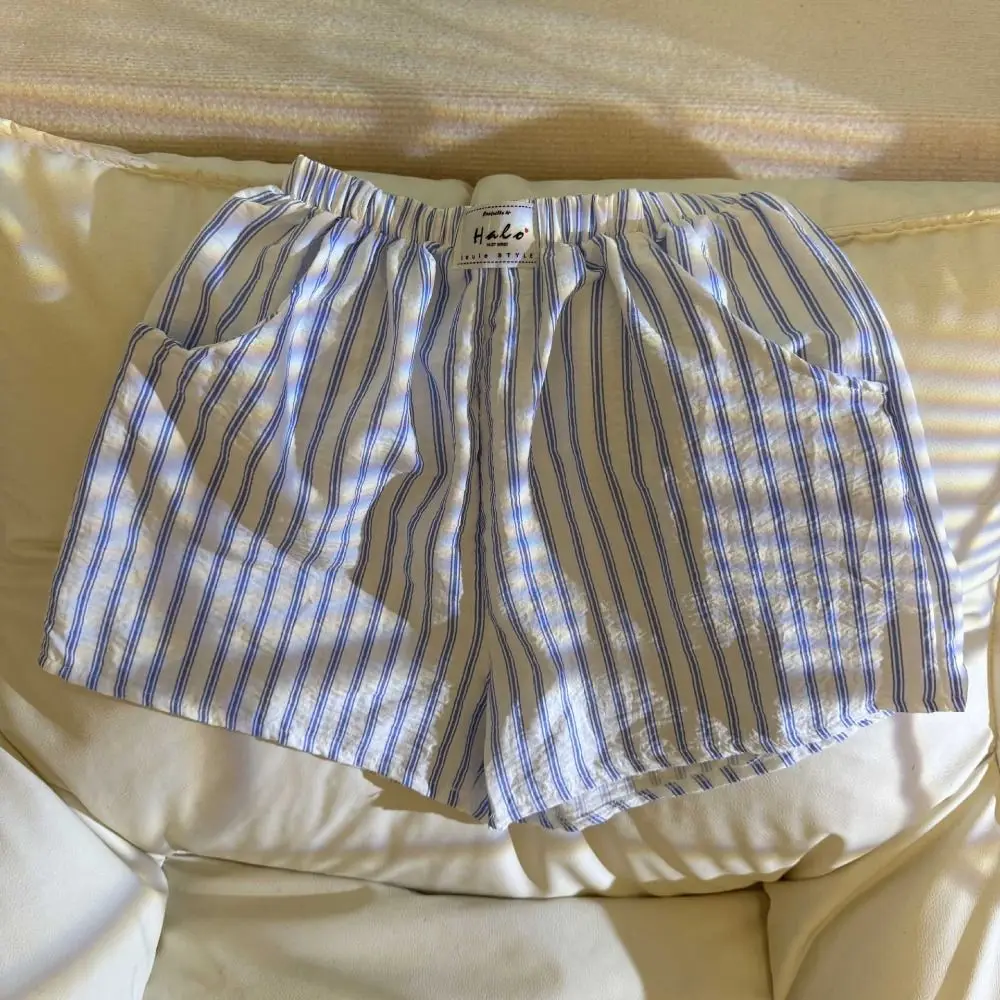 Spring Summer Casual Shorts Women Baggy High Waist Stripe Short Pants with Pocket Elastic Waistband Thin Loose Shorts