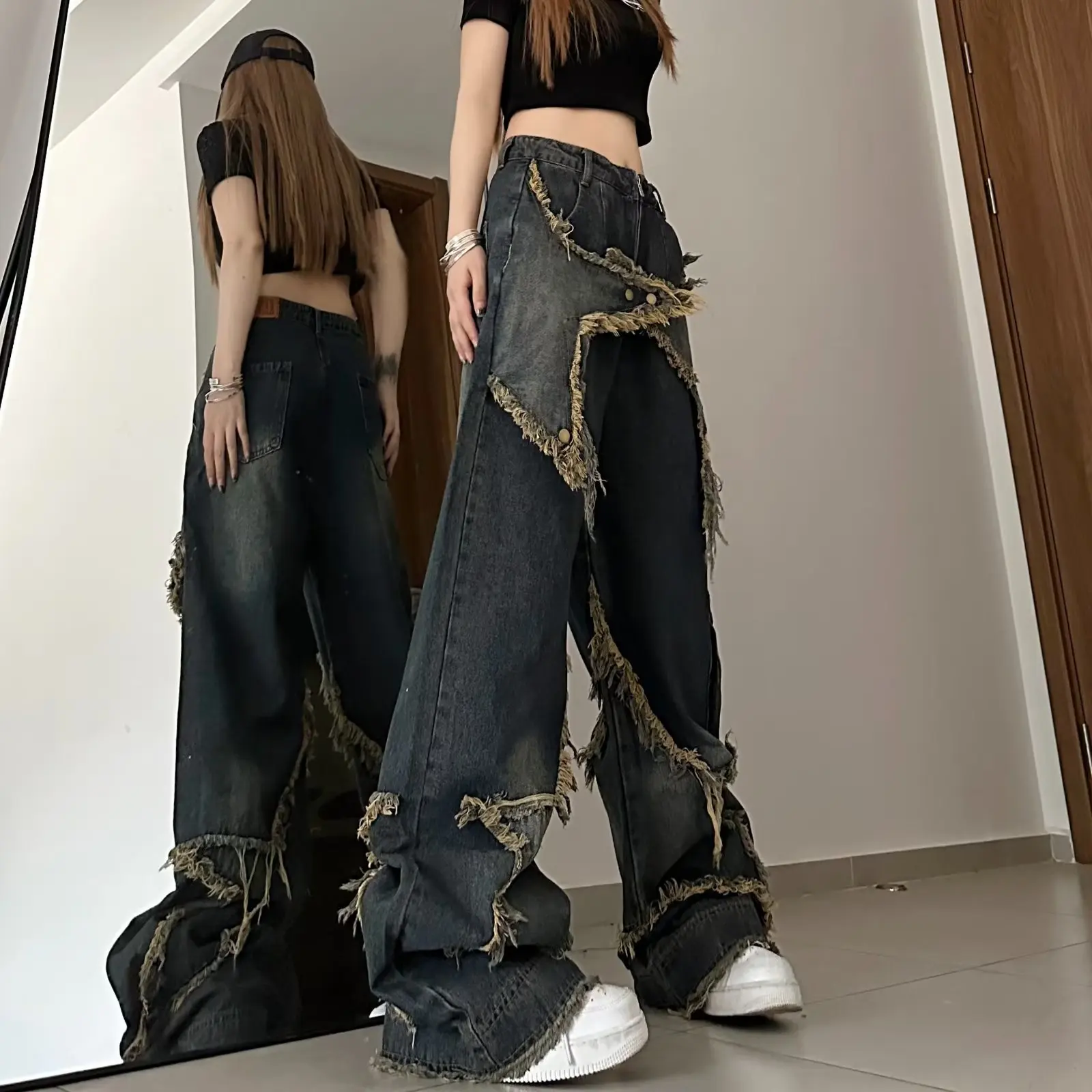 Y2K jeans high street Korean Streetwear Oversize Star Aesthetic Straight Trousers Wide Leg Jeans Grunge Denim Pants Women Clothe