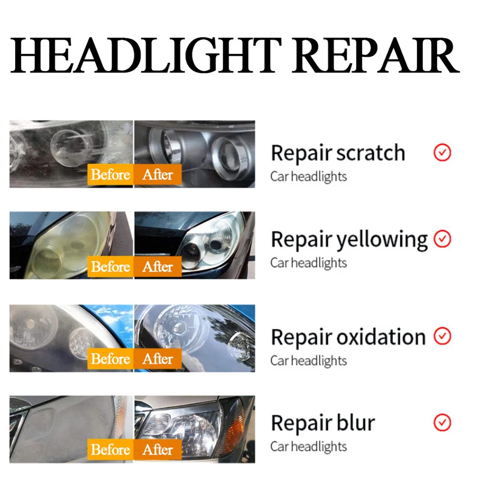 Automotive Headlight Repair Fluid 20ML Scratch Repair Kit with Refurbishing Solution Sponge Instructions and Buffing Cloth